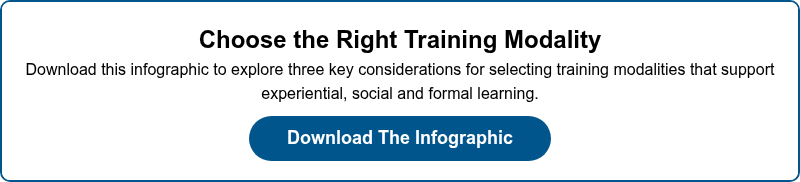 Choose the Right Training Modality Download this infographic to explore three key considerations for selecting training modalities that support experiential, social and formal learning.