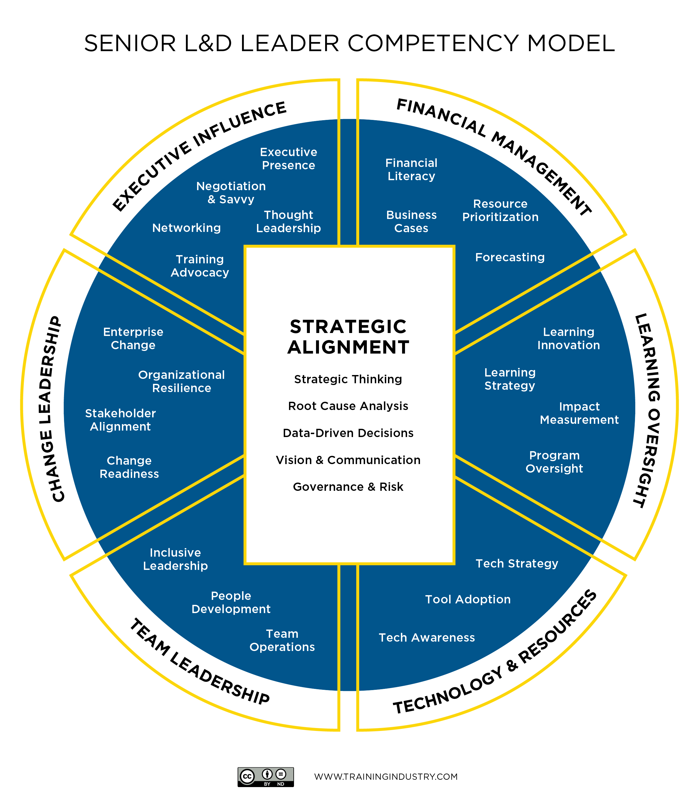 Senior Leader Competency Model. Strategic alignment: strategic thinking, root cause analysis, data-driven decisions, vision & communication, governance & risk. Financial management: financial literacy, business cases, resources prioritization, forecasting. Executive influence: executive presence, negotiation & savvy, networking, though leadership, training advocacy. Change leadership: enterprise change, organizational resilience, stakeholder alignment, change readiness. Learning function oversight: learning innovation, learning strategy, impact measurement, program oversight. Team leadership: inclusive leadership, people development, team operations. Technology and resource management: Tech strategy, tool adoption, tech awareness.